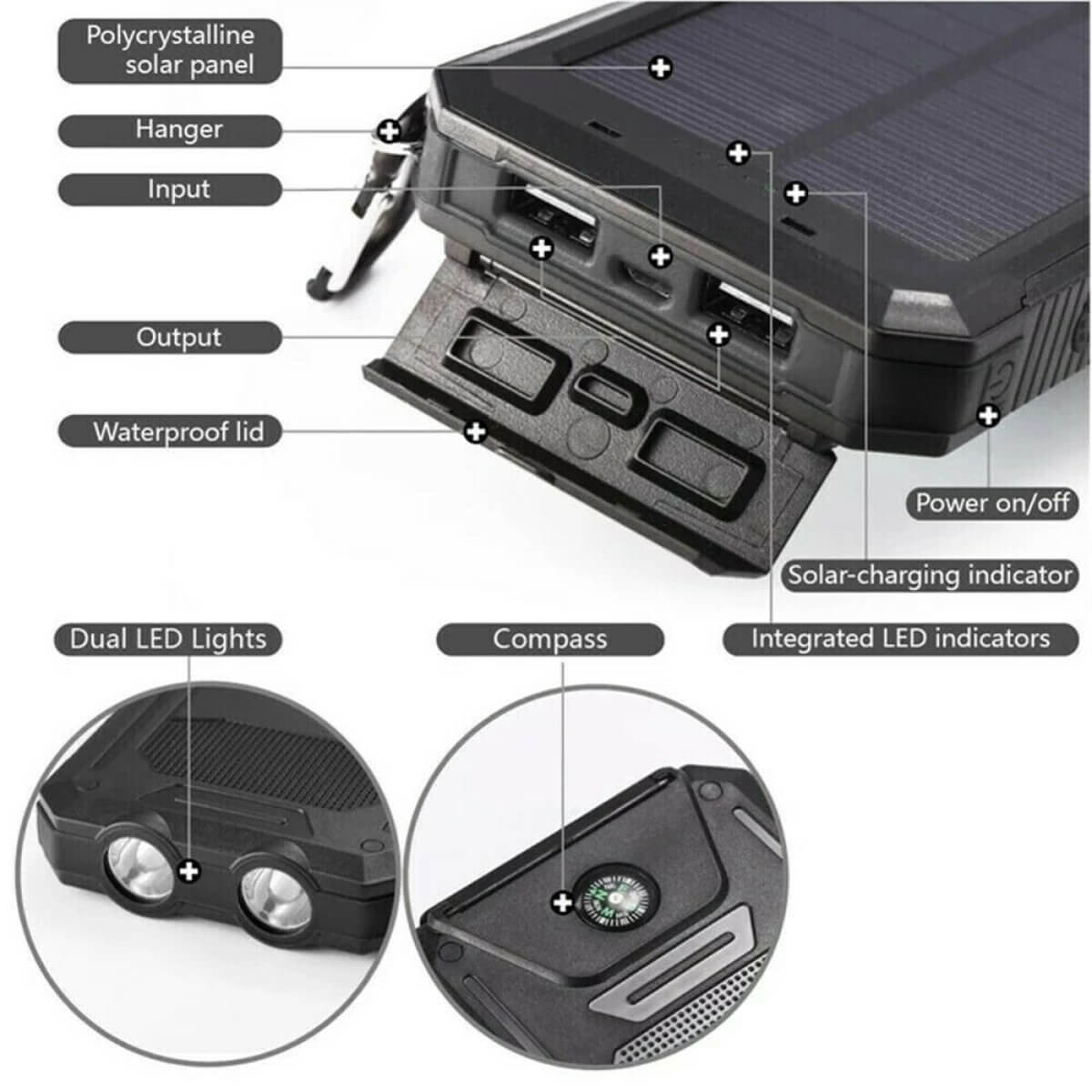 Solar Power Bank 20000mAh | Waterproof Dual USB Charger | LED Flashlight | Portable External Battery