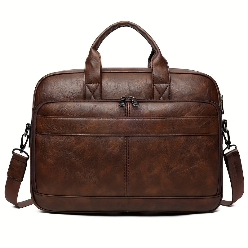 Men's Faux Leather Laptop Shoulder Bag | Large Capacity Briefcase for Work | Adjustable Strap | Black