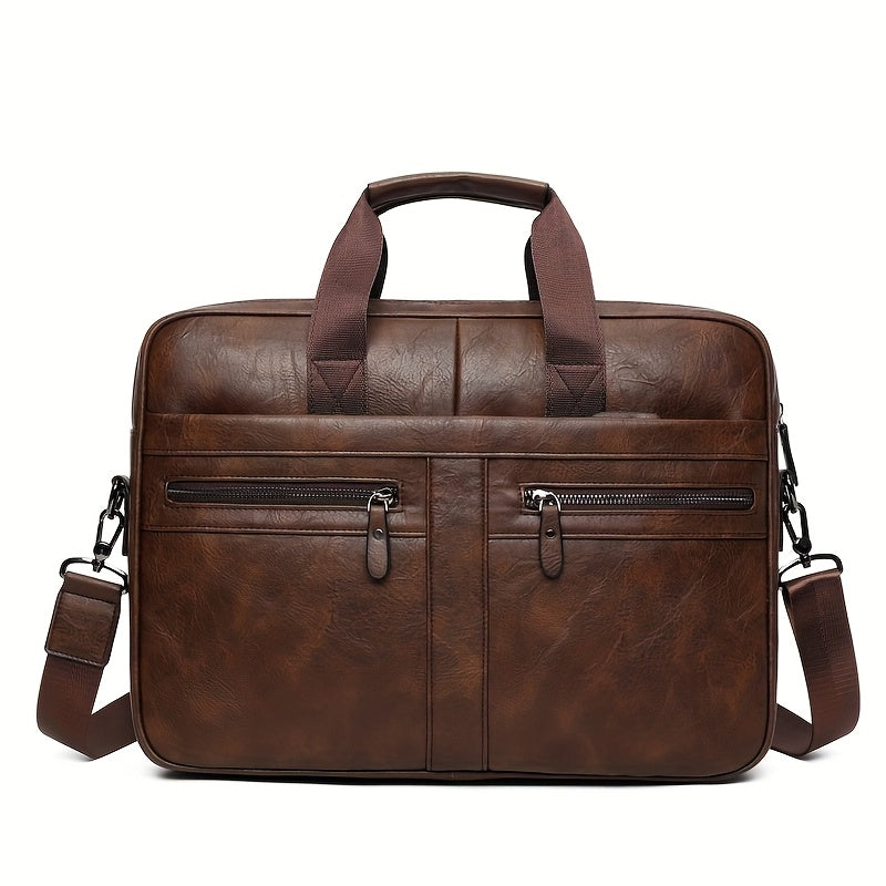 LUMG Faux Leather Multi-Zip Business Briefcase | 14-Inch Laptop Bag | Large Capacity Commute Tote | Gift for Men