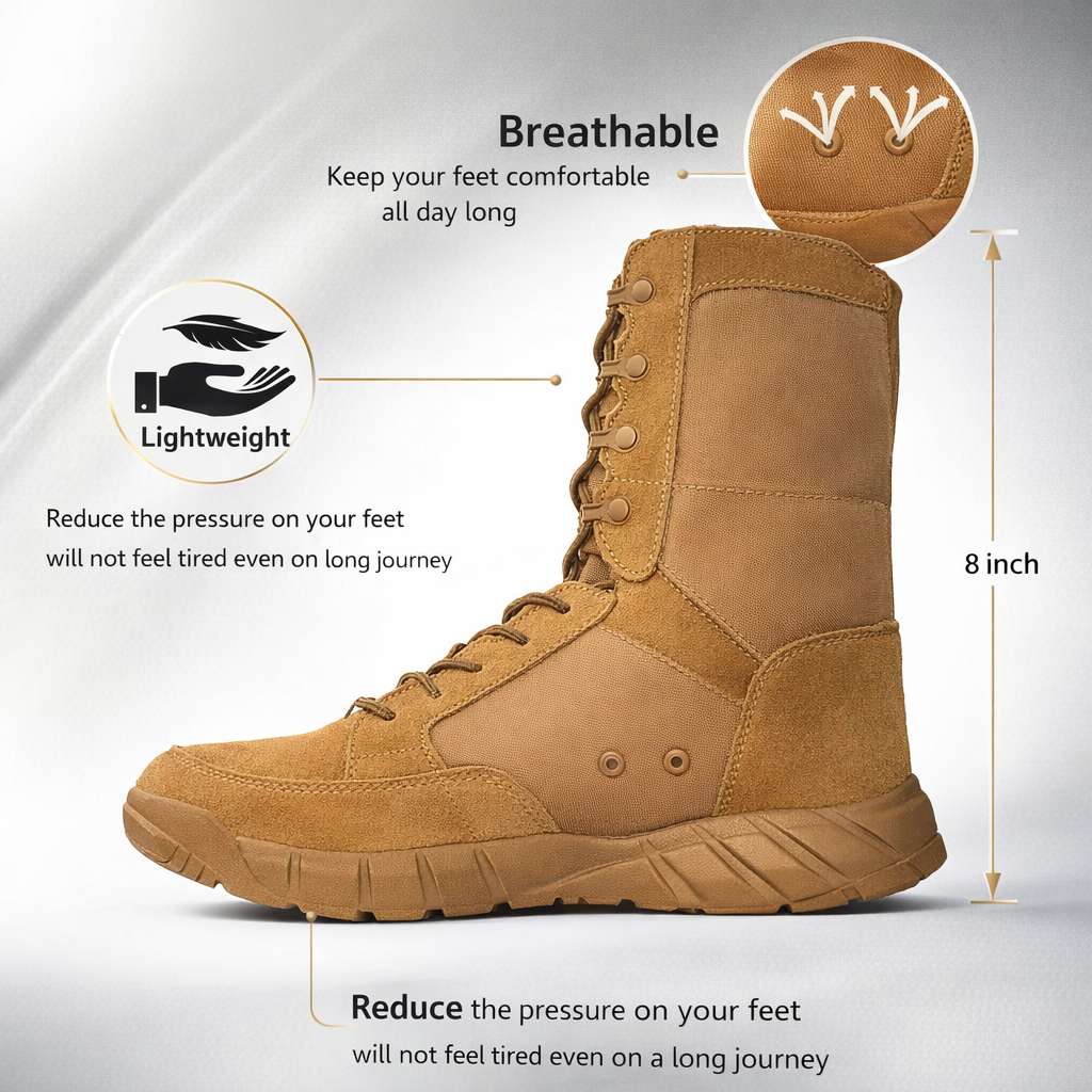 Military Tactical Boots | Lightweight Men's Zip Lace-Up | Breathable Outdoor Hiking Footwear