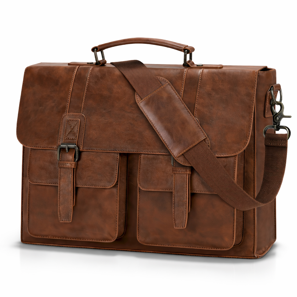 RAINSMORE PU Leather Business Laptop Bag | 15.6 inch | Adjustable Strap | Zipper Closure | Black | Work Briefcase