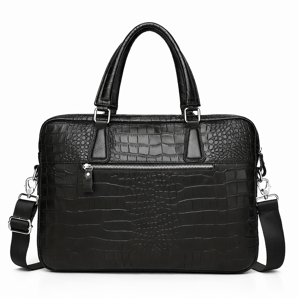 SCHLATUM Leather Laptop Bag | Crocodile Embossed | Crossbody | Black Business Bag | Detachable Strap | Multi-Functional Office Briefcase