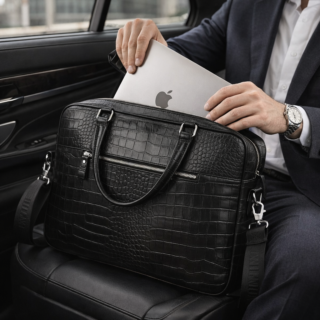 SCHLATUM Leather Laptop Bag | Crocodile Embossed | Crossbody | Black Business Bag | Detachable Strap | Multi-Functional Office Briefcase