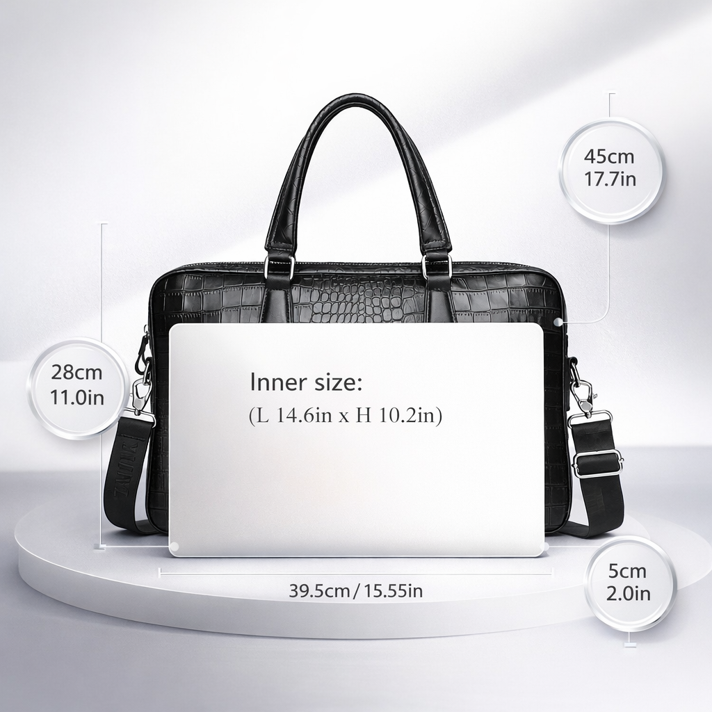 SCHLATUM Leather Laptop Bag | Crocodile Embossed | Crossbody | Black Business Bag | Detachable Strap | Multi-Functional Office Briefcase