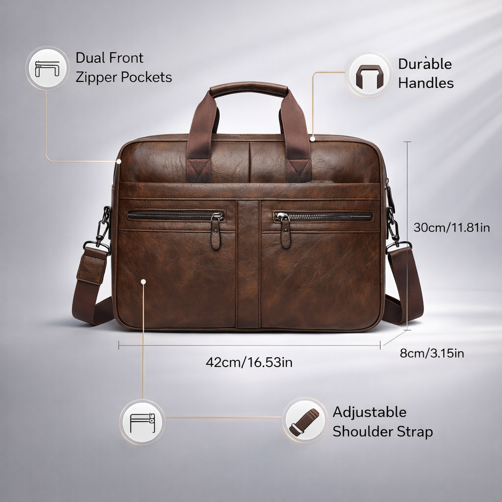 LUMG Faux Leather Multi-Zip Business Briefcase | 14-Inch Laptop Bag | Large Capacity Commute Tote | Gift for Men