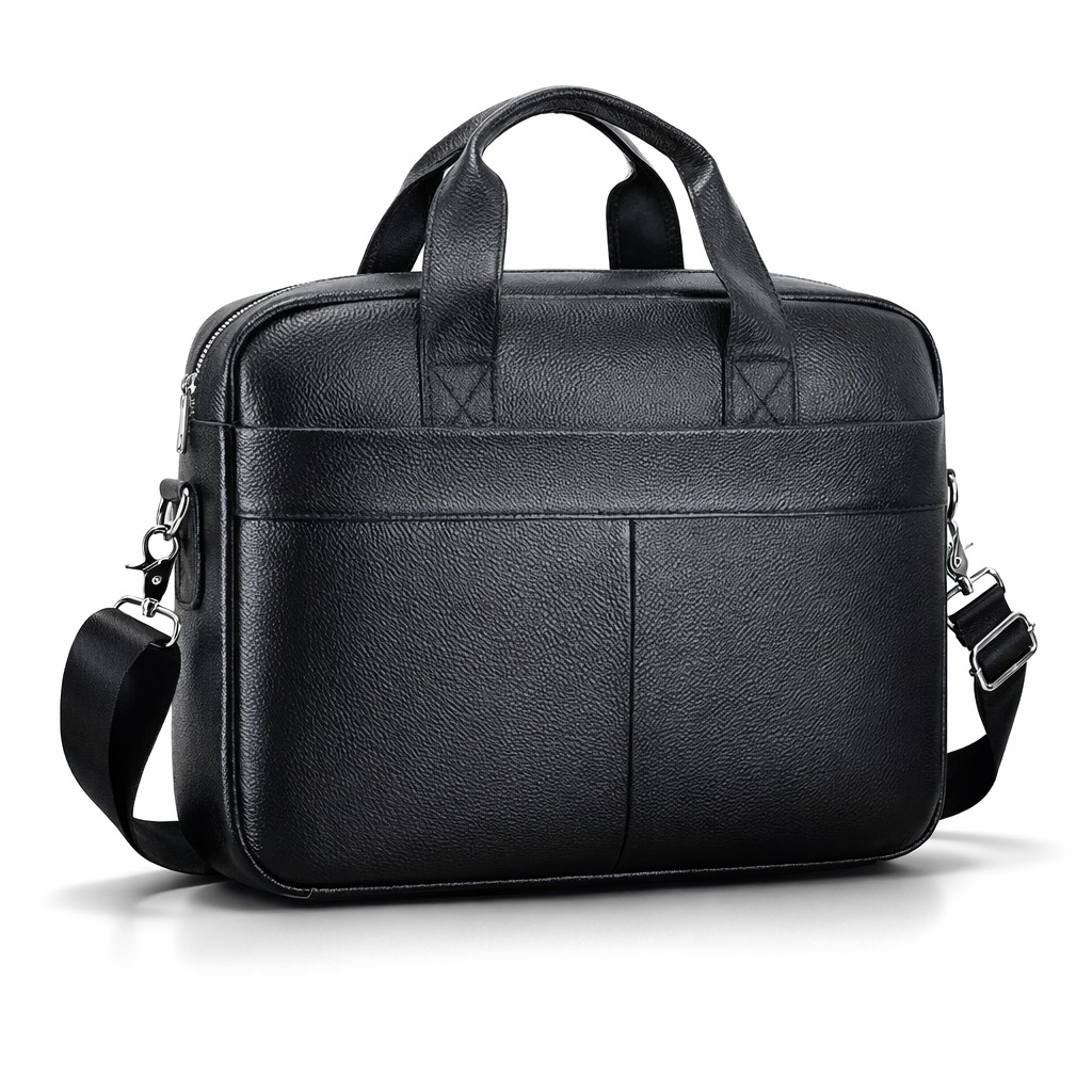 Men's Top-Grain Leather Business Bag | 15-Inch Laptop Shoulder Bag | Black Travel Bag with Adjustable Strap