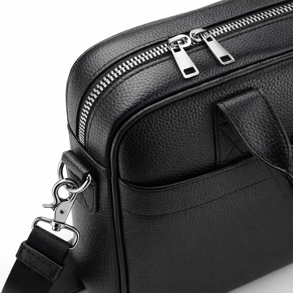 Men's Top-Grain Leather Business Bag | 15-Inch Laptop Shoulder Bag | Black Travel Bag with Adjustable Strap