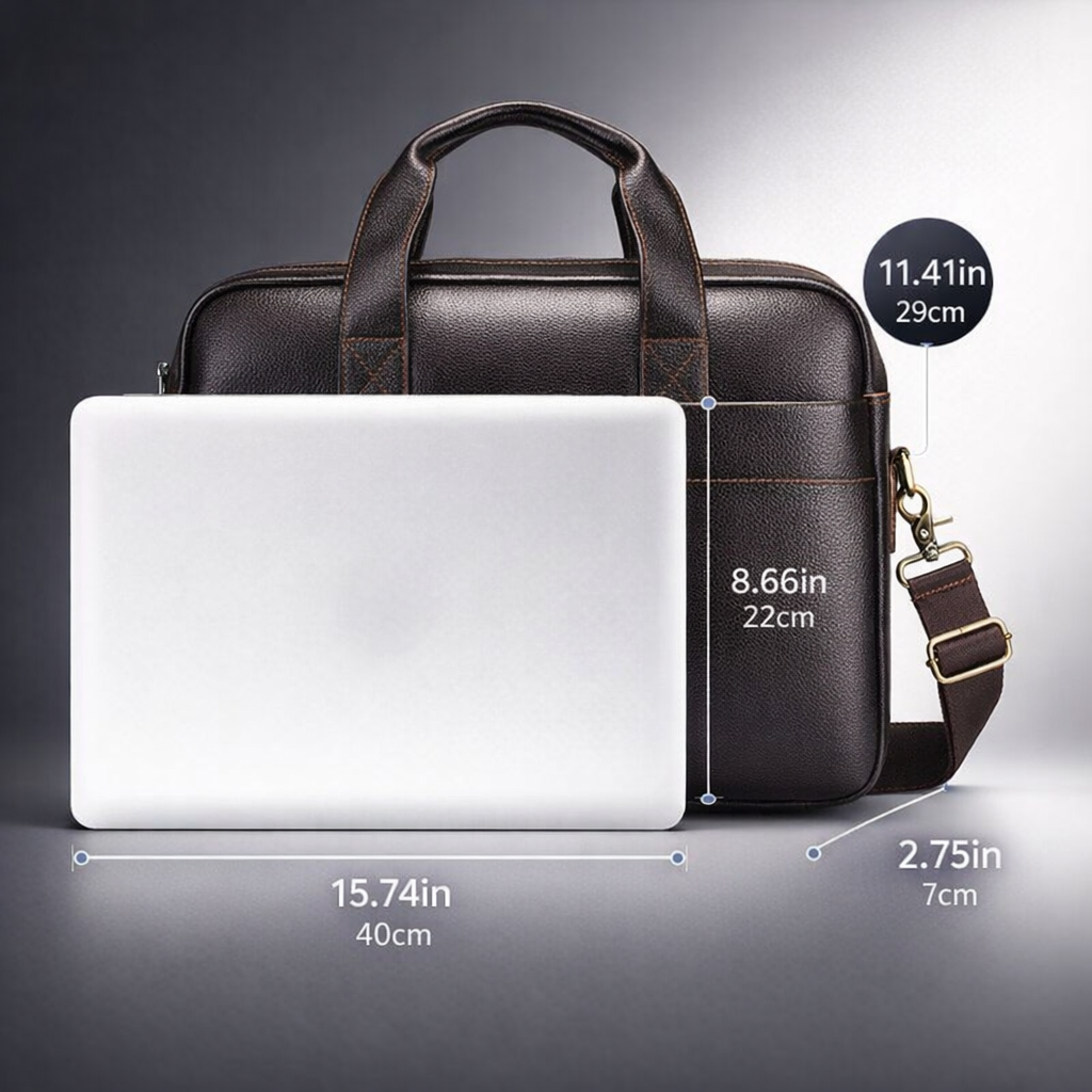 Men's Top-Grain Leather Business Bag | 15-Inch Laptop Shoulder Bag | Black Travel Bag with Adjustable Strap