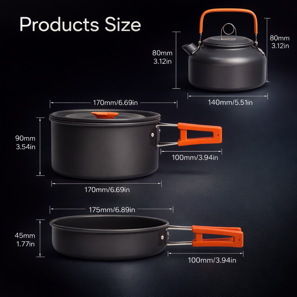 Compact Aluminum 3pc Camping Cookware Set | Lightweight Pot Pan Kettle for Hiking & Picnic | Outdoor Gear with Quick Storage