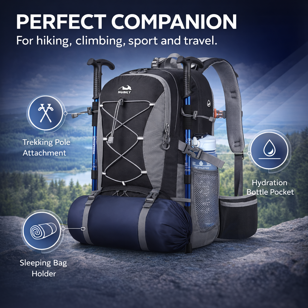 NUBILY 50L Lightweight Backpack | Men Women Travel Daypack | Black Hiking Gear | Outdoor Camping