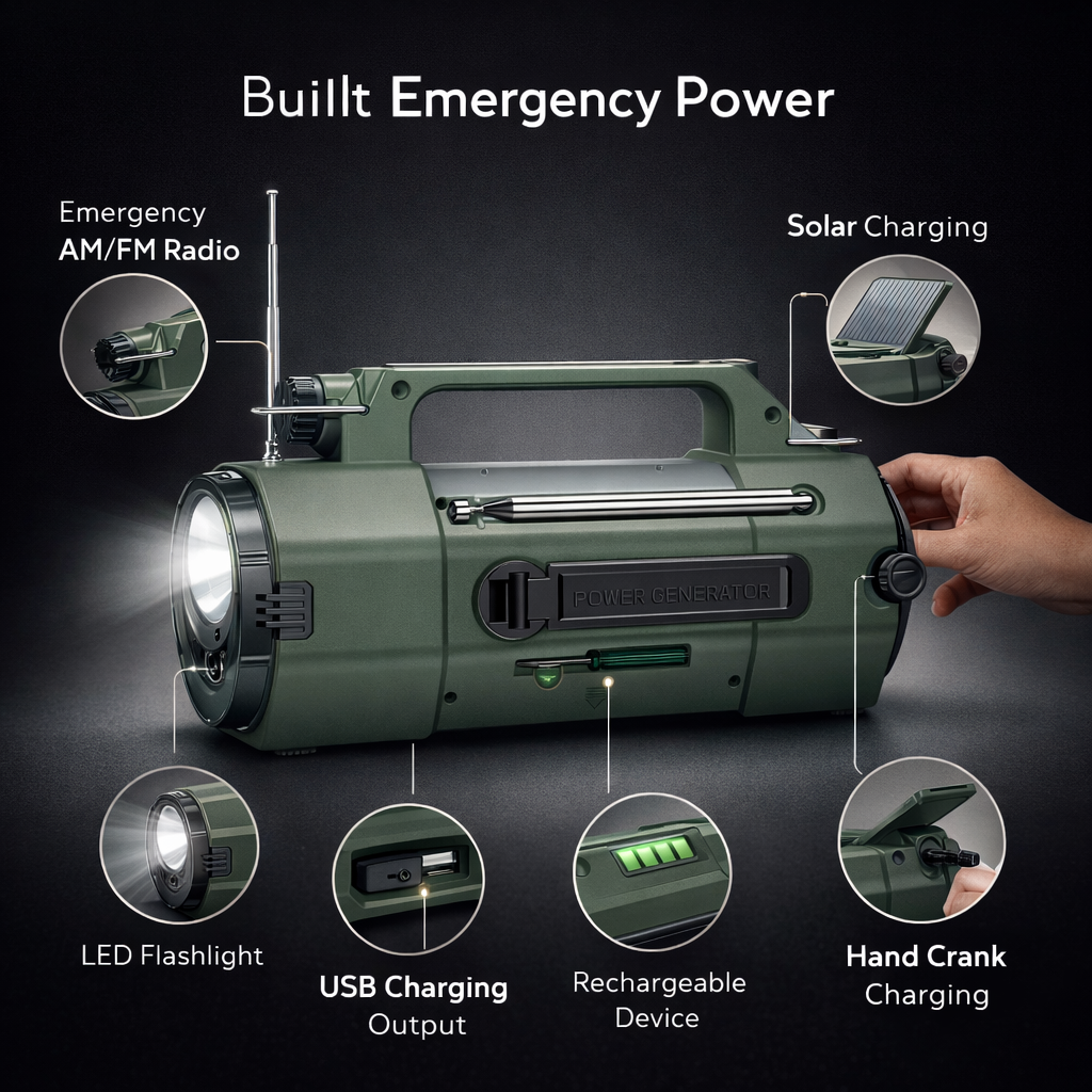 Multifunction Outdoor Radio | FM/MW/SW/VHF/WB | Hand Crank Generator | LED Flashlight | Bluetooth | 5000mAh