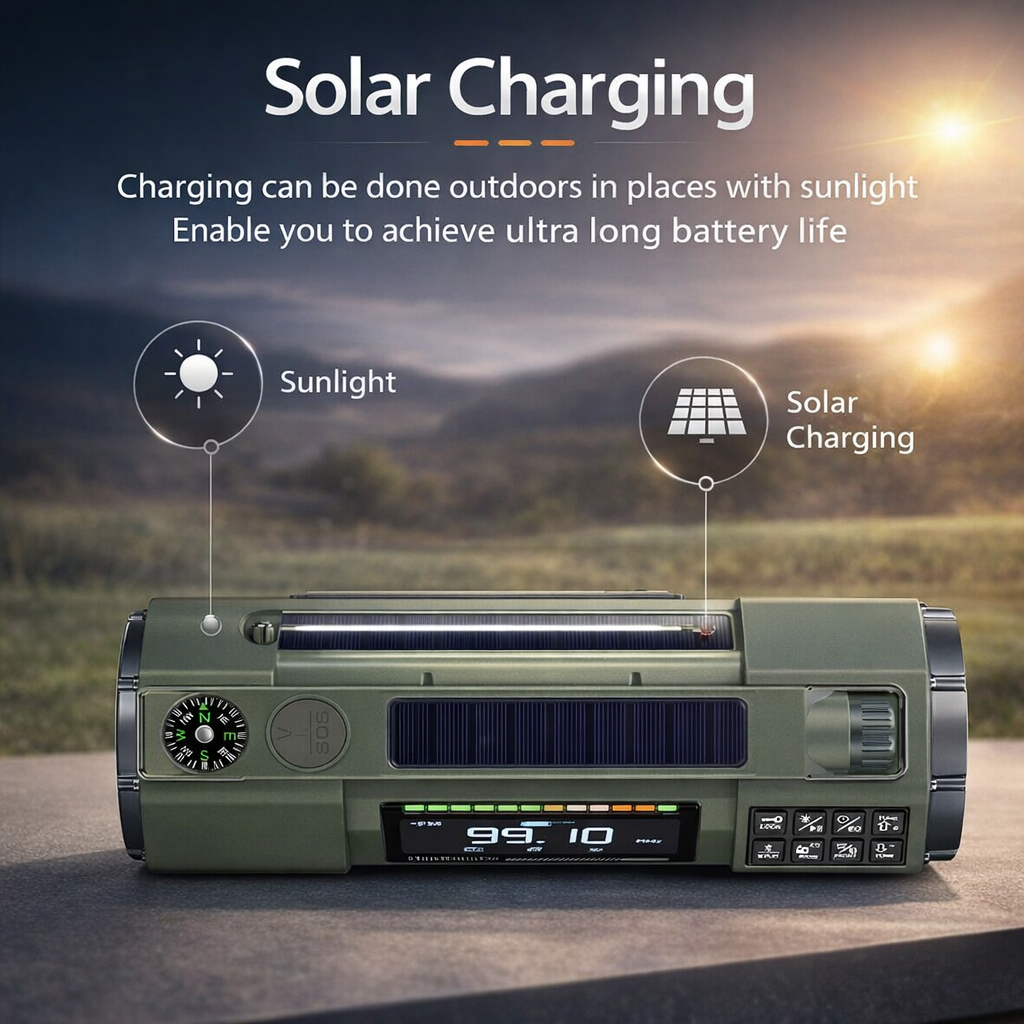 Multifunction Outdoor Radio | FM/MW/SW/VHF/WB | Hand Crank Generator | LED Flashlight | Bluetooth | 5000mAh