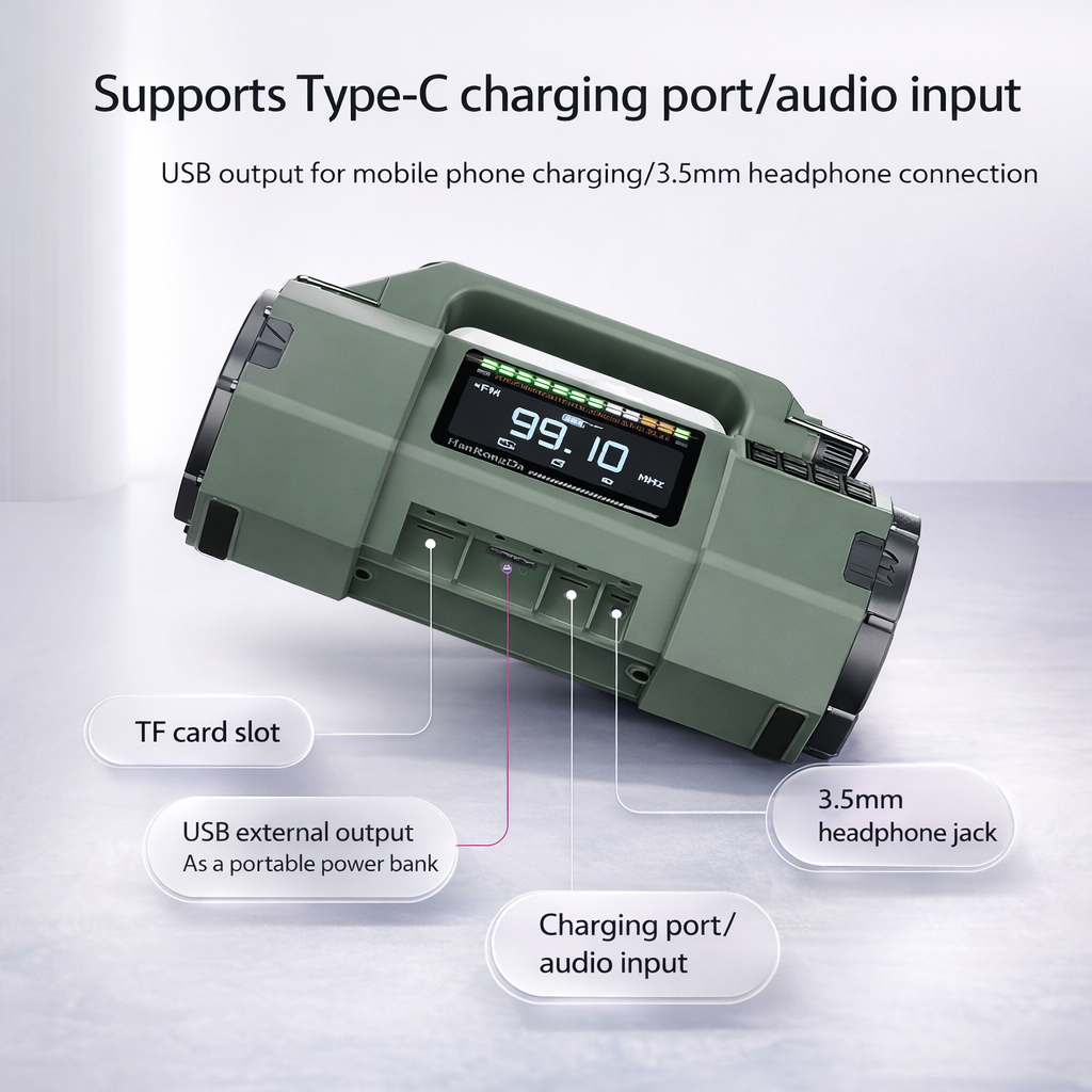 Multifunction Outdoor Radio | FM/MW/SW/VHF/WB | Hand Crank Generator | LED Flashlight | Bluetooth | 5000mAh
