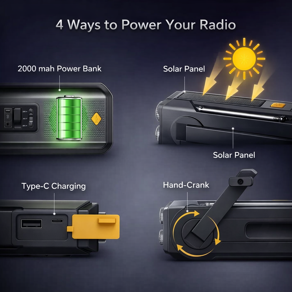 Emergency Radio | Solar Hand Crank | FM AM WB | USB Charger | 2000mAh Power Bank | LED Flashlight | Portable