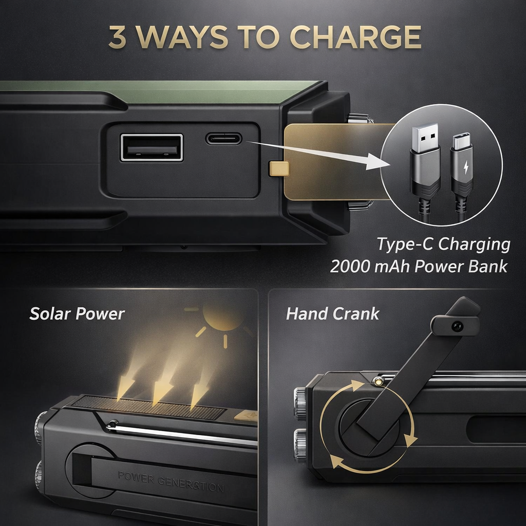 Emergency Radio | Solar Hand Crank | FM AM WB | USB Charger | 2000mAh Power Bank | LED Flashlight | Portable