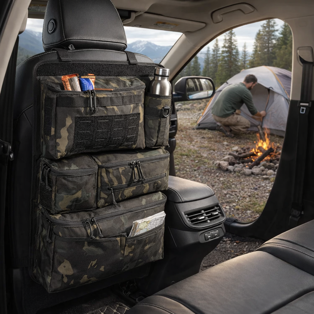 Car Backseat Tactical Organizer | Multi-Pocket Hanging Storage Bag | Foldable Polyester Camo Design