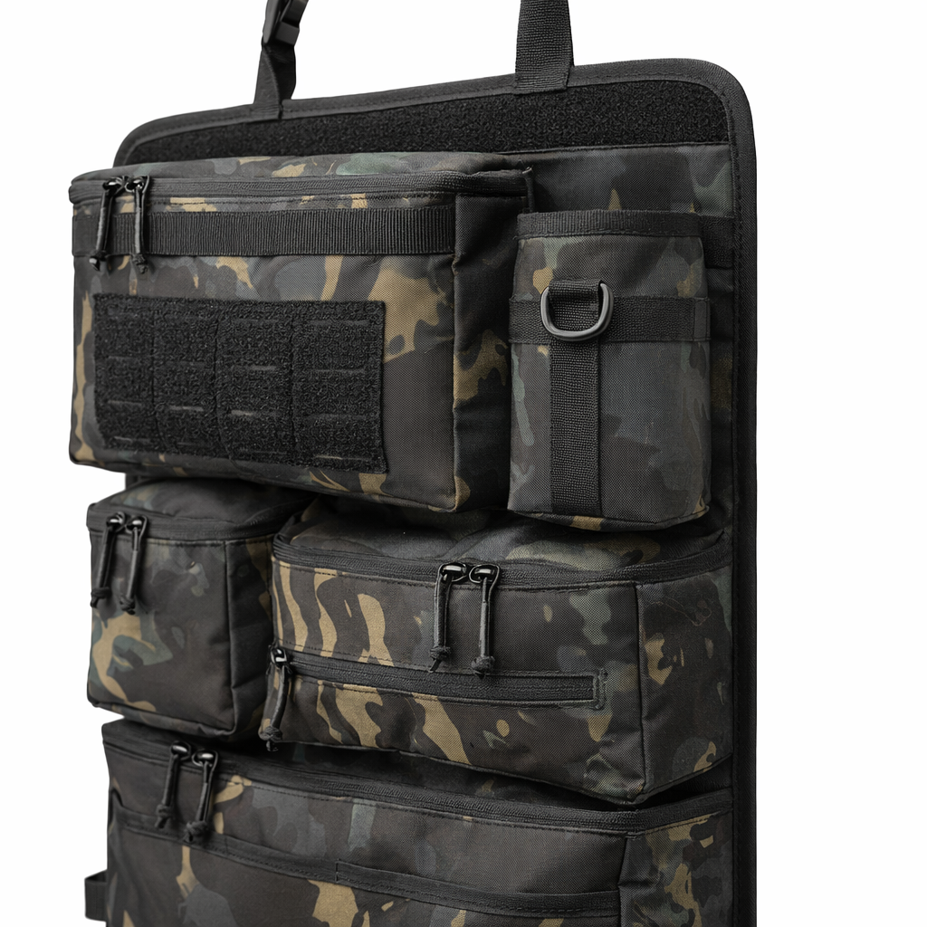 Car Backseat Tactical Organizer | Multi-Pocket Hanging Storage Bag | Foldable Polyester Camo Design