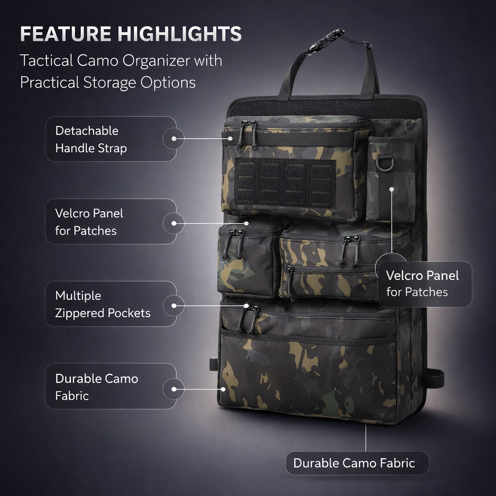 Car Backseat Tactical Organizer | Multi-Pocket Hanging Storage Bag | Foldable Polyester Camo Design