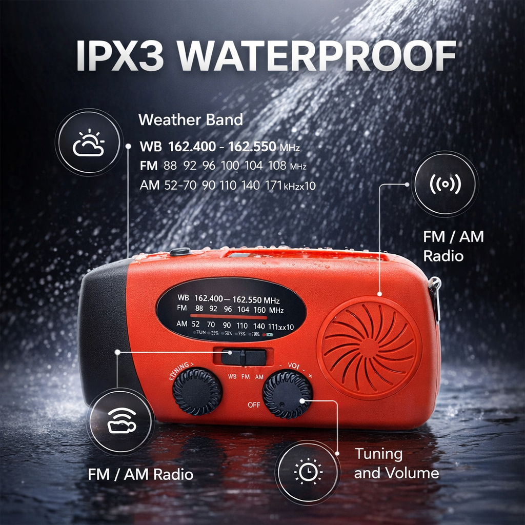 Portable Hand-Crank Generator | Emergency Weather Radio | Solar LED Flashlight | FM NOAA Power Bank | ABS-Plastic