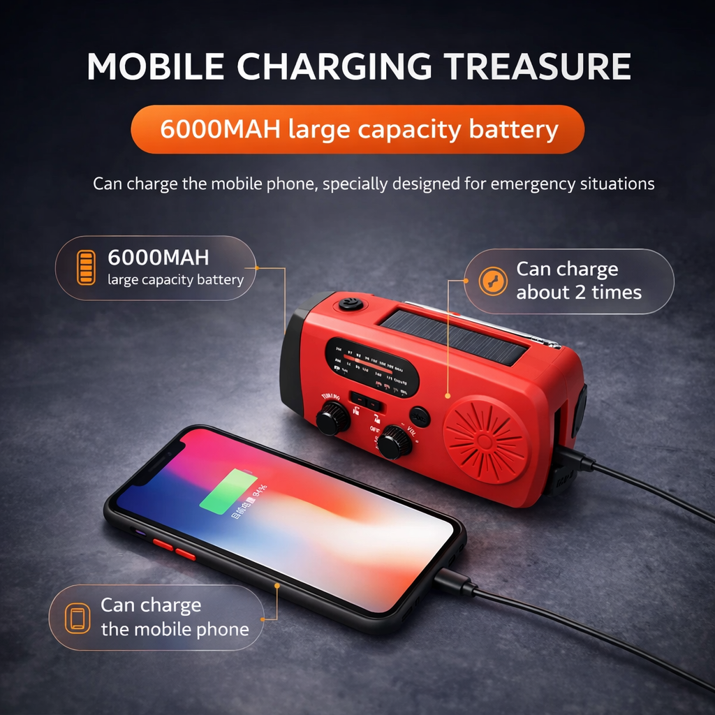 Portable Hand-Crank Generator | Emergency Weather Radio | Solar LED Flashlight | FM NOAA Power Bank | ABS-Plastic