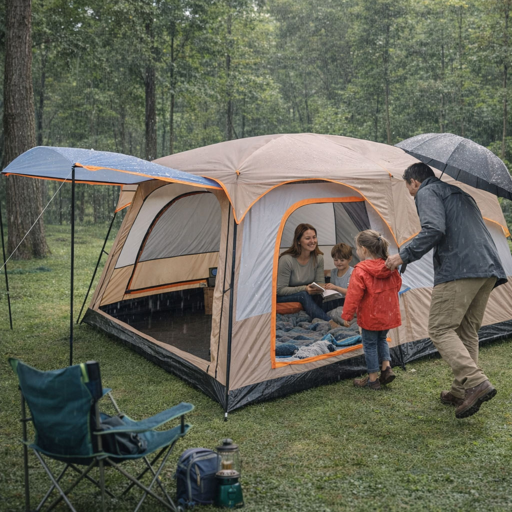 Family Camping Tent | 2-4 People | Sunshade | Waterproof PU Coating | Vestibule | Mosquito Net | Ventilated | 3 Doors | Portable