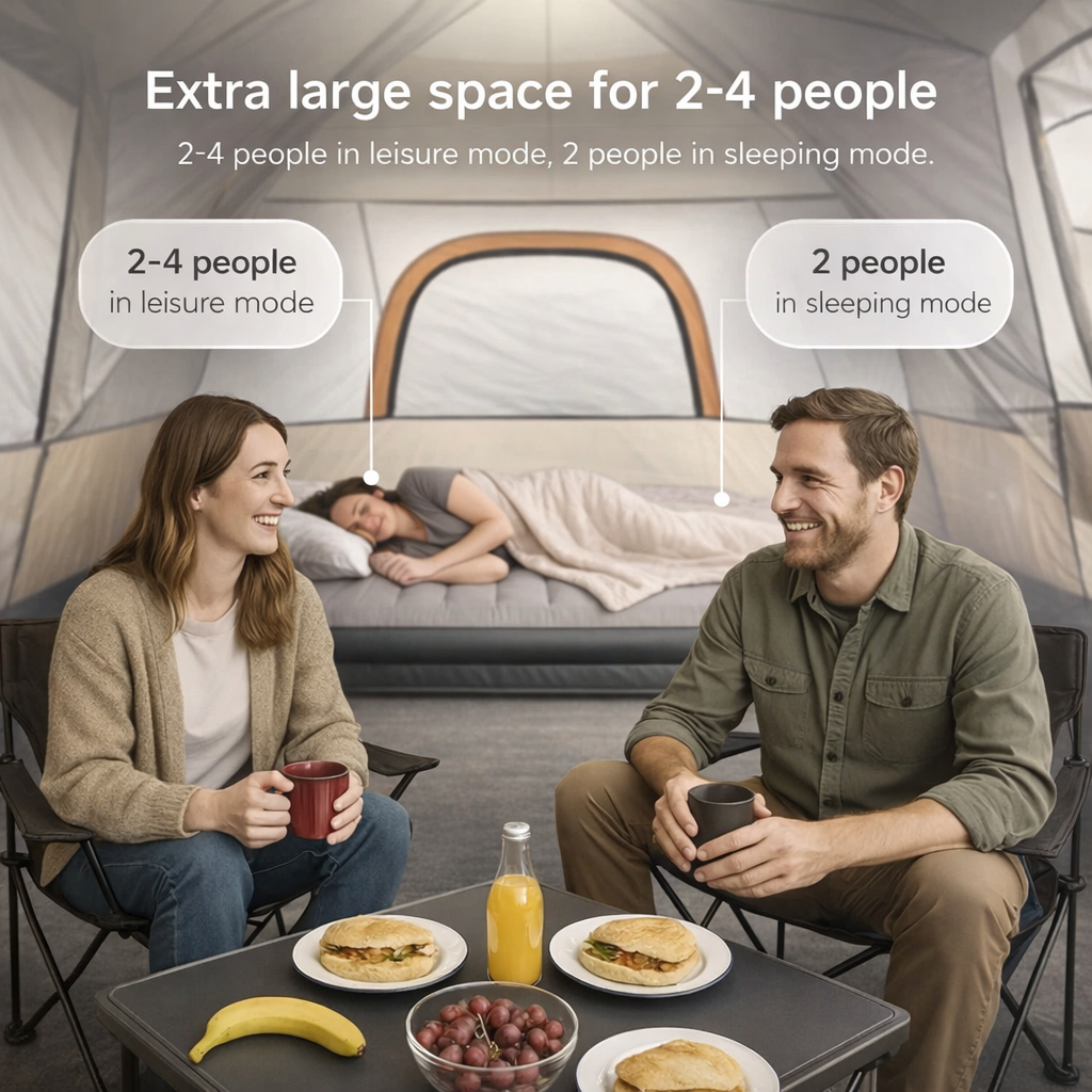 Family Camping Tent | 2-4 People | Sunshade | Waterproof PU Coating | Vestibule | Mosquito Net | Ventilated | 3 Doors | Portable