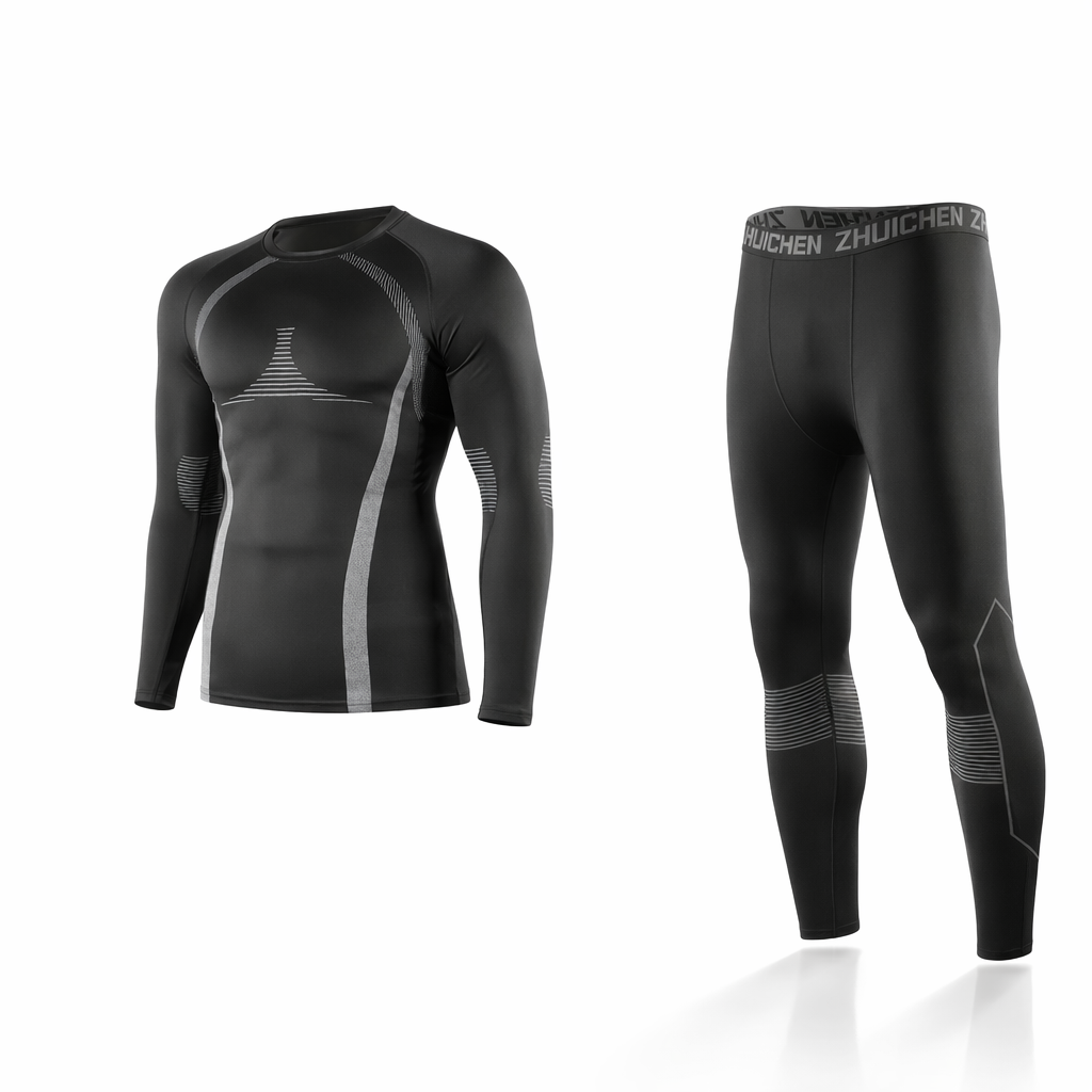Men's Fleece-Lined Sports Set | Warm Running Gym Suit | Winter Training Apparel | Polyester Knit | Athletic Base Layer