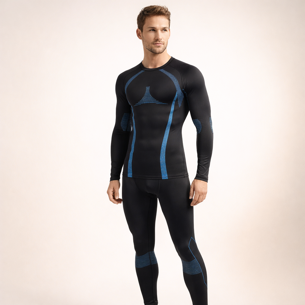 Men's Fleece-Lined Sports Set | Warm Running Gym Suit | Winter Training Apparel | Polyester Knit | Athletic Base Layer