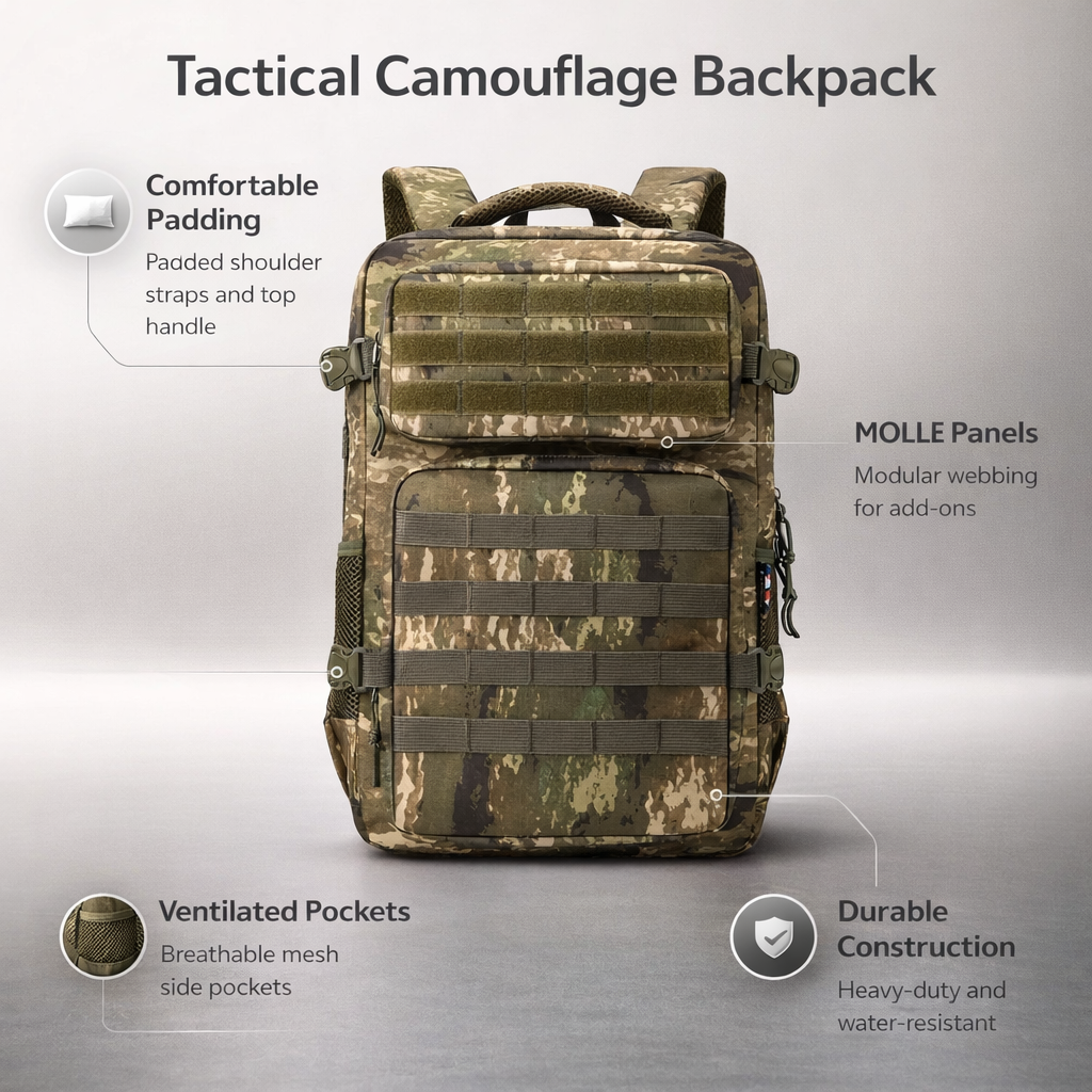 Tactical Military Backpack | Large Capacity Multi-Layer Hiking & Camping Pack | Camouflage Design for Outdoor Adventures