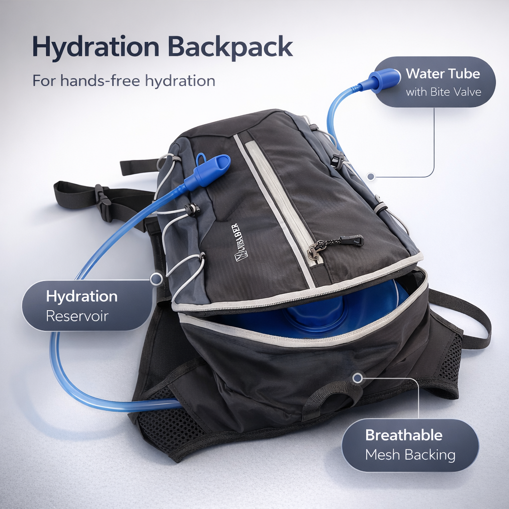 Lightweight Nylon Outdoor Backpack with 2L Hydration Bladder | Running, Hiking, Cycling Gear | Mesh Ventilation Design