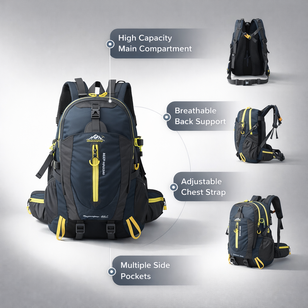 Durable 40L Nylon Backpack | Laptop & Outdoor Gear | Camping Hiking Sports | Unisex | Black | Soft Shell