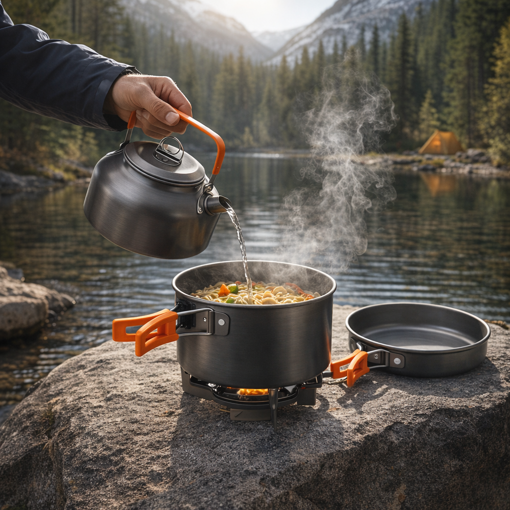 Compact Aluminum 3pc Camping Cookware Set | Lightweight Pot Pan Kettle for Hiking & Picnic | Outdoor Gear with Quick Storage