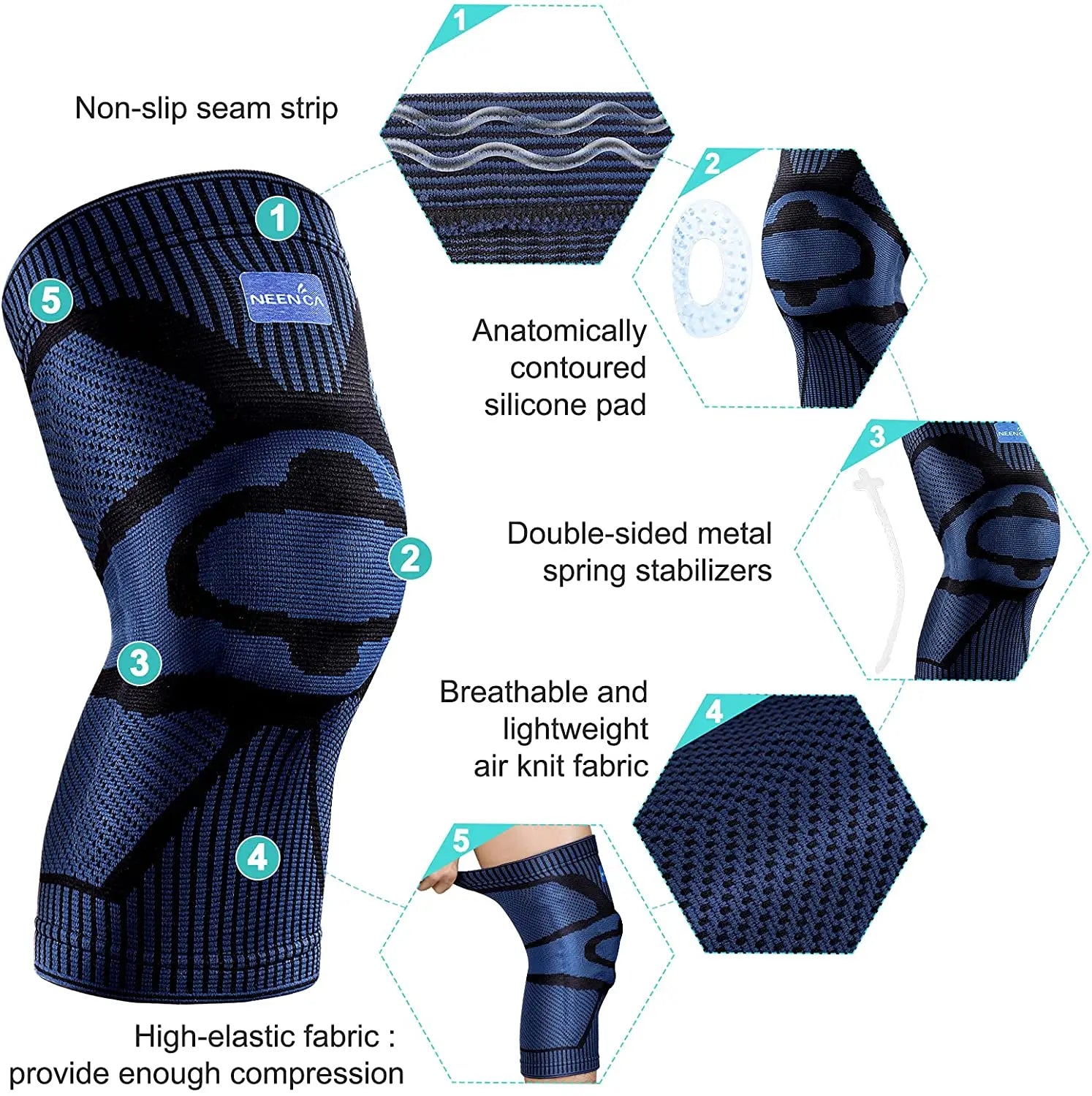 NEENCA Knee Brace Support | Gel Cushion & Side Stabilizers | Pain Relief & Meniscus Recovery | 100% Polyester Nylon | Adult Use