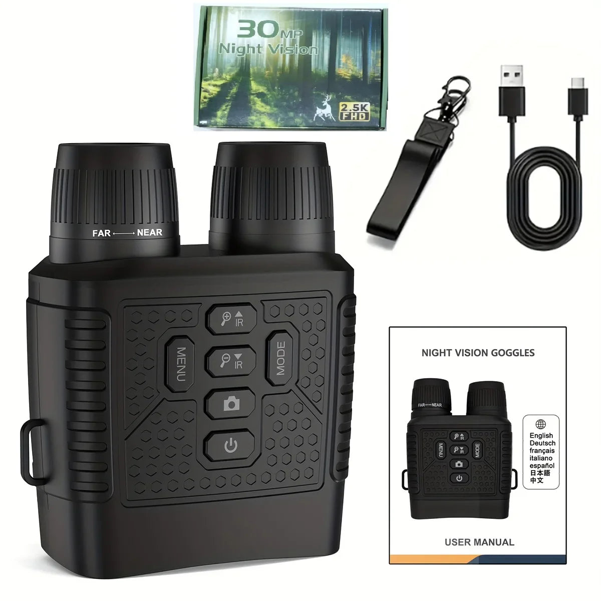 3" Screen 2.5K Night Vision Binoculars | 6X Digital Zoom | Tactical Light | 2000mAh Infrared for Camping