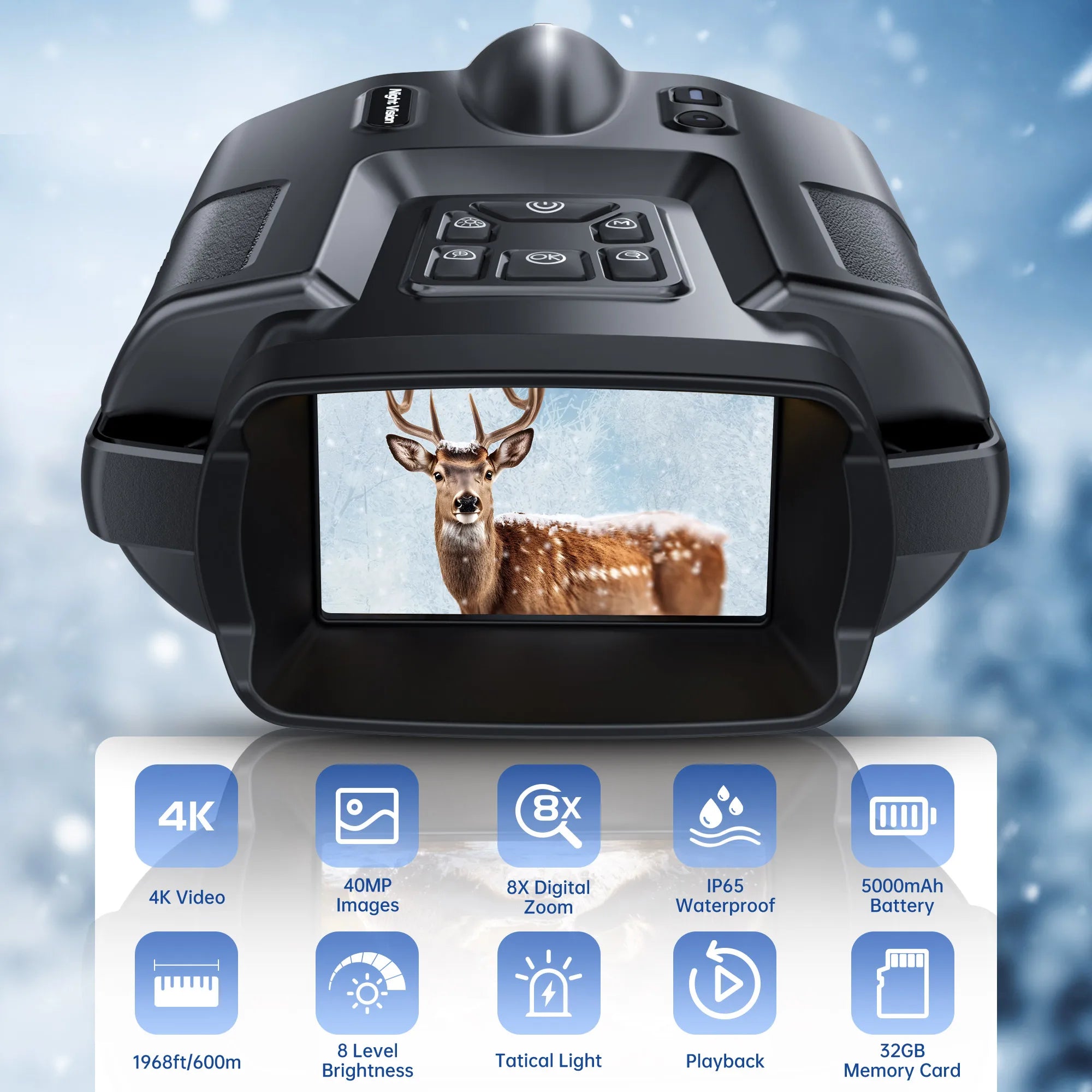 4K Night Vision Binoculars | 3-Inch Screen | 8X Digital Zoom | Tactical Light | Rechargeable 5000mAh Infrared Viewer
