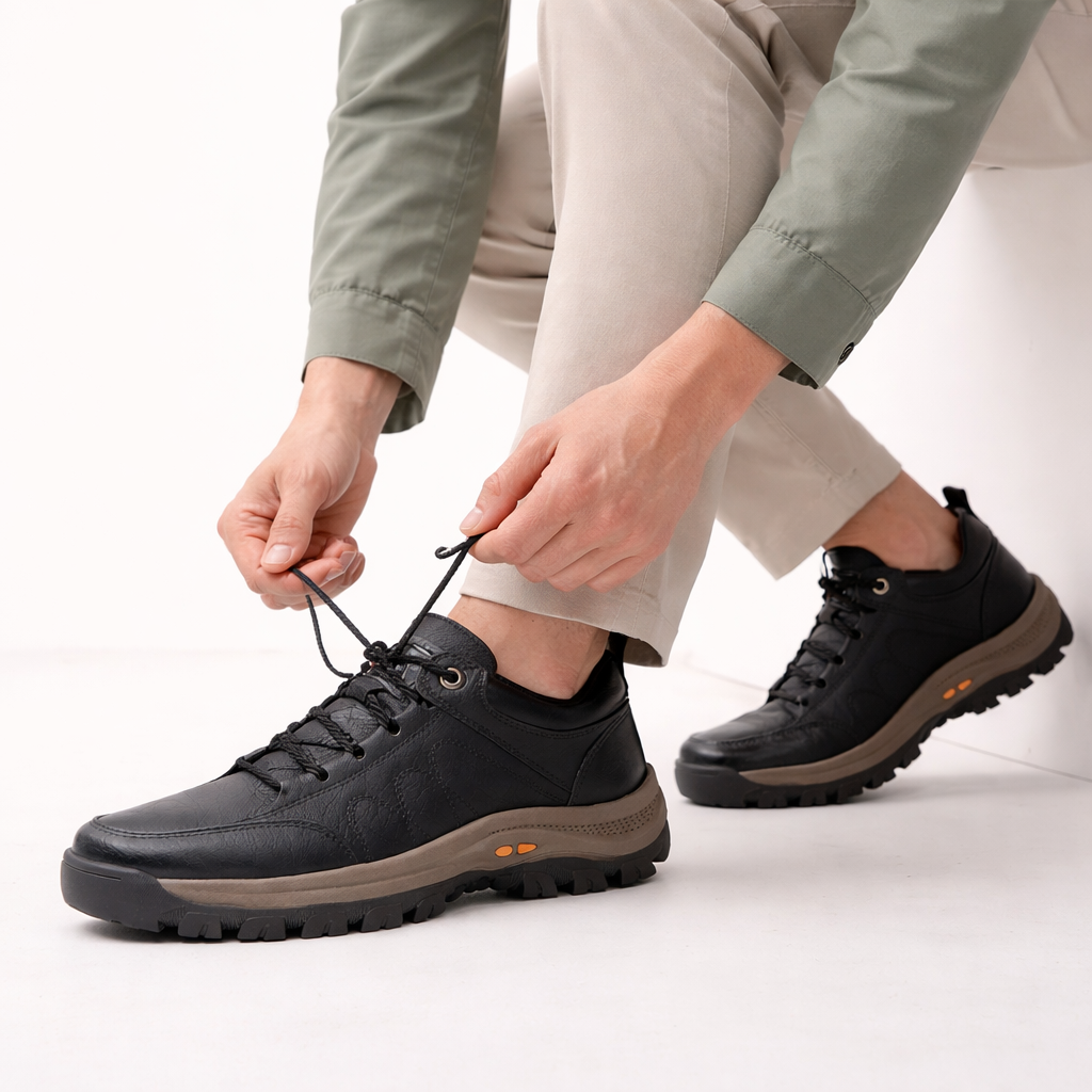 Men's Casual Leather Walking Shoes | Outdoor Sneakers | Anti-Slip Rubber Sole | Waterproof | Breathable | Black & Brown