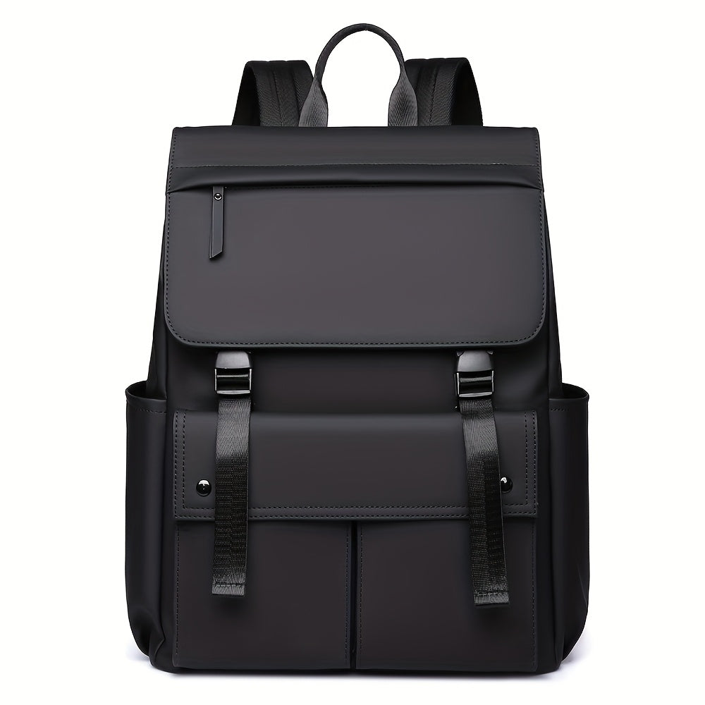 Oxford Fabric Laptop Backpack | Solid Color Black | Zipper Closure | Casual Travel & Business Use | Adjustable Strap