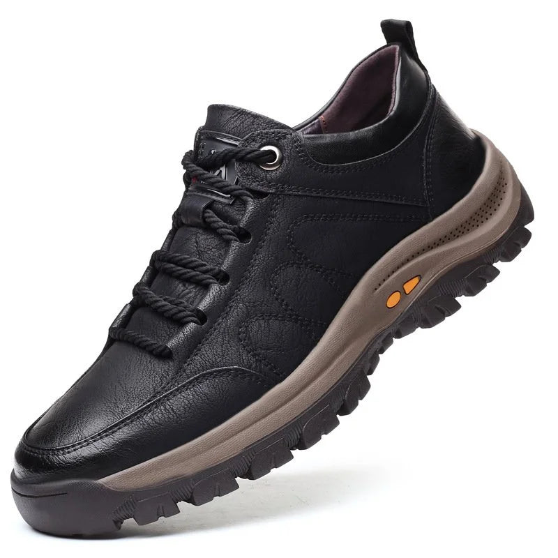 Men's Casual Leather Walking Shoes | Outdoor Sneakers | Anti-Slip Rubber Sole | Waterproof | Breathable | Black & Brown