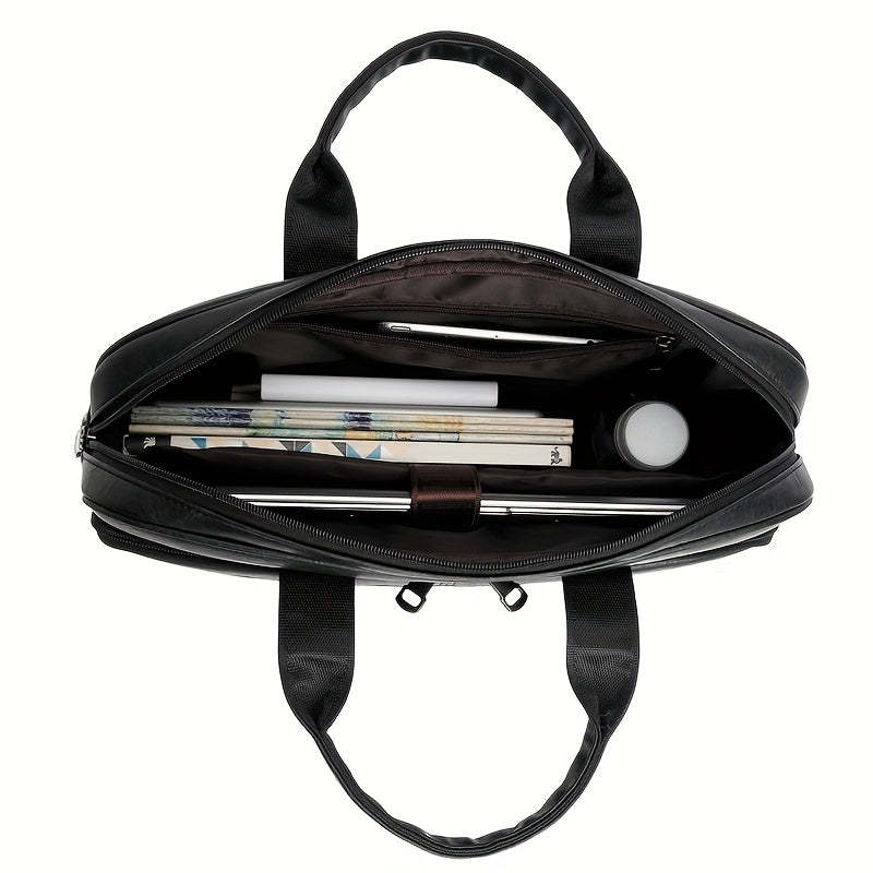 Men's Faux Leather Laptop Shoulder Bag | Large Capacity Briefcase for Work | Adjustable Strap | Black