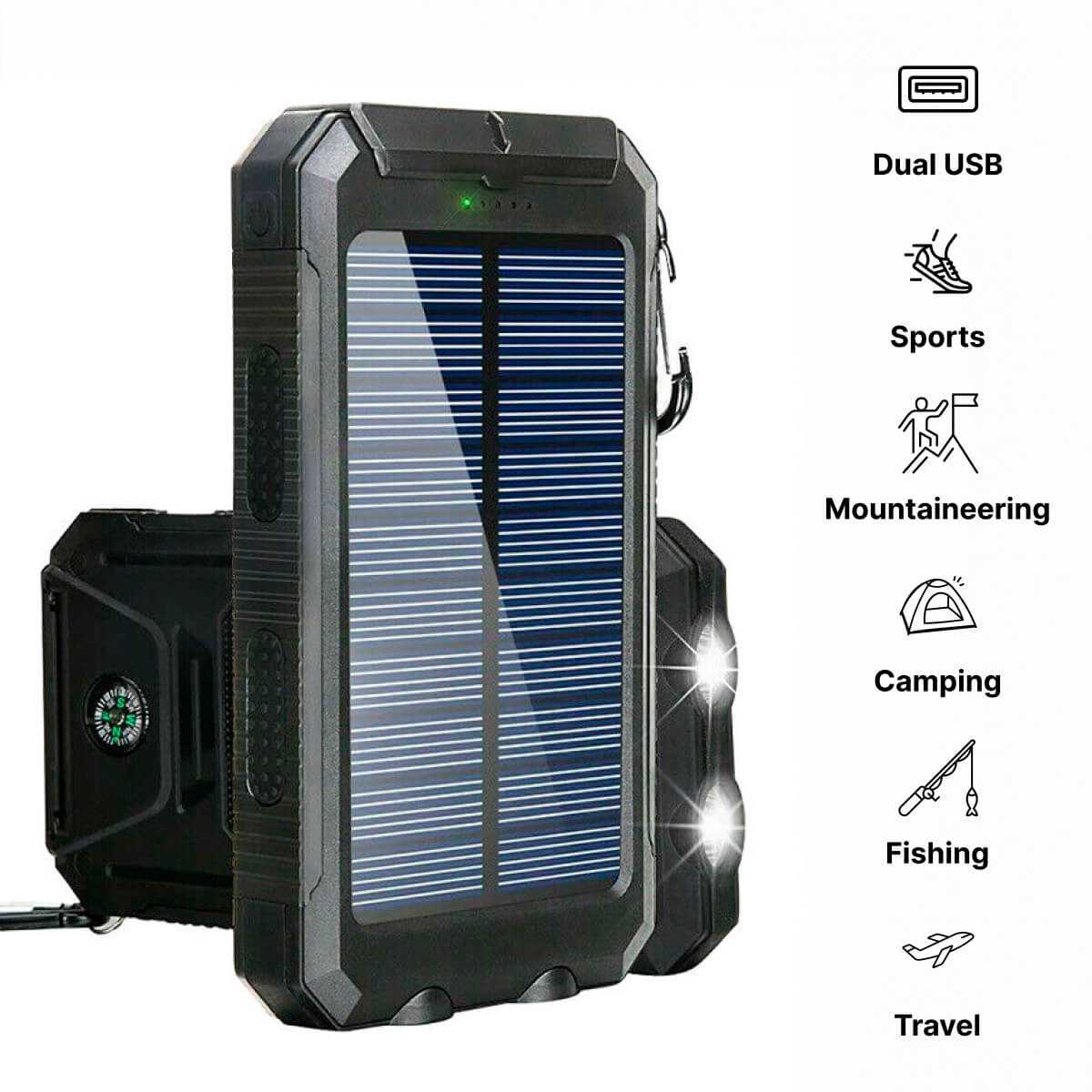 Solar Power Bank 20000mAh | Waterproof Dual USB Charger | LED Flashlight | Portable External Battery