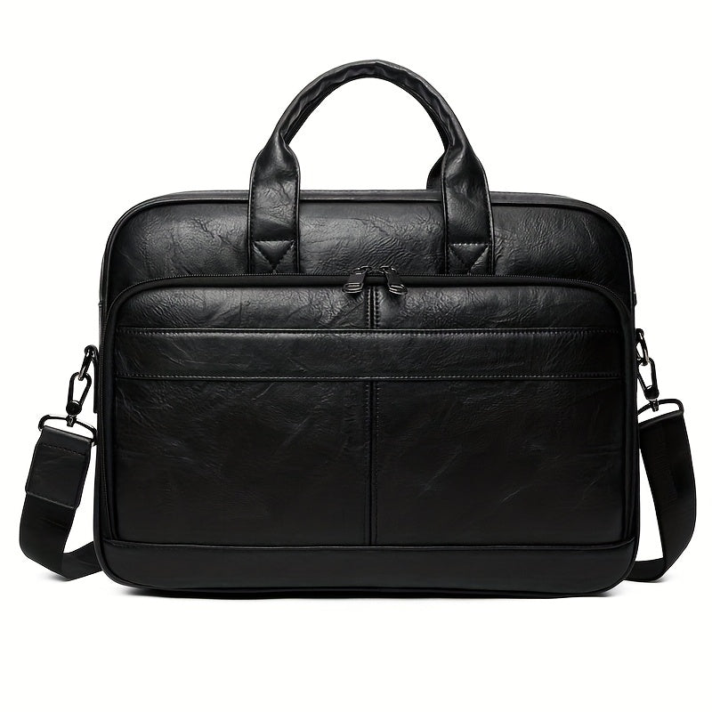 Men's Faux Leather Laptop Shoulder Bag | Large Capacity Briefcase for Work | Adjustable Strap | Black
