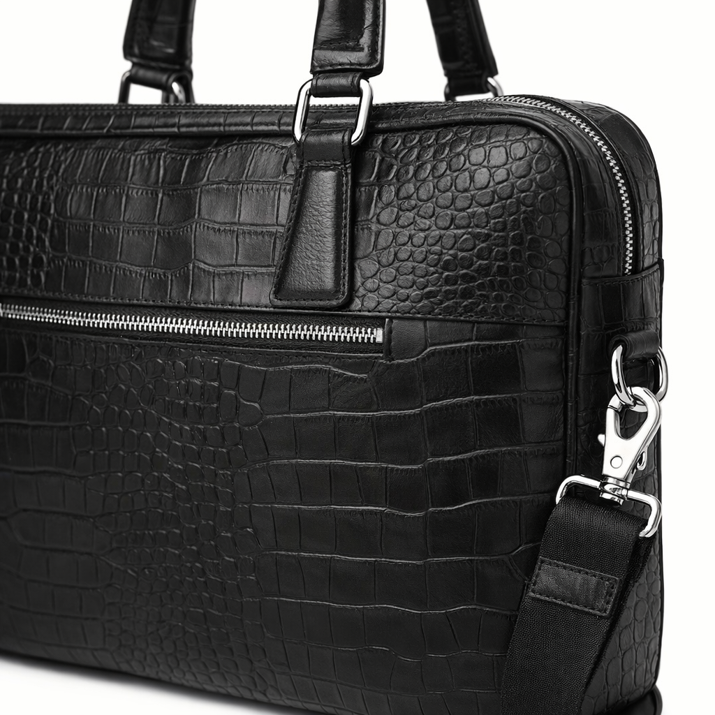 SCHLATUM Leather Laptop Bag | Crocodile Embossed | Crossbody | Black Business Bag | Detachable Strap | Multi-Functional Office Briefcase