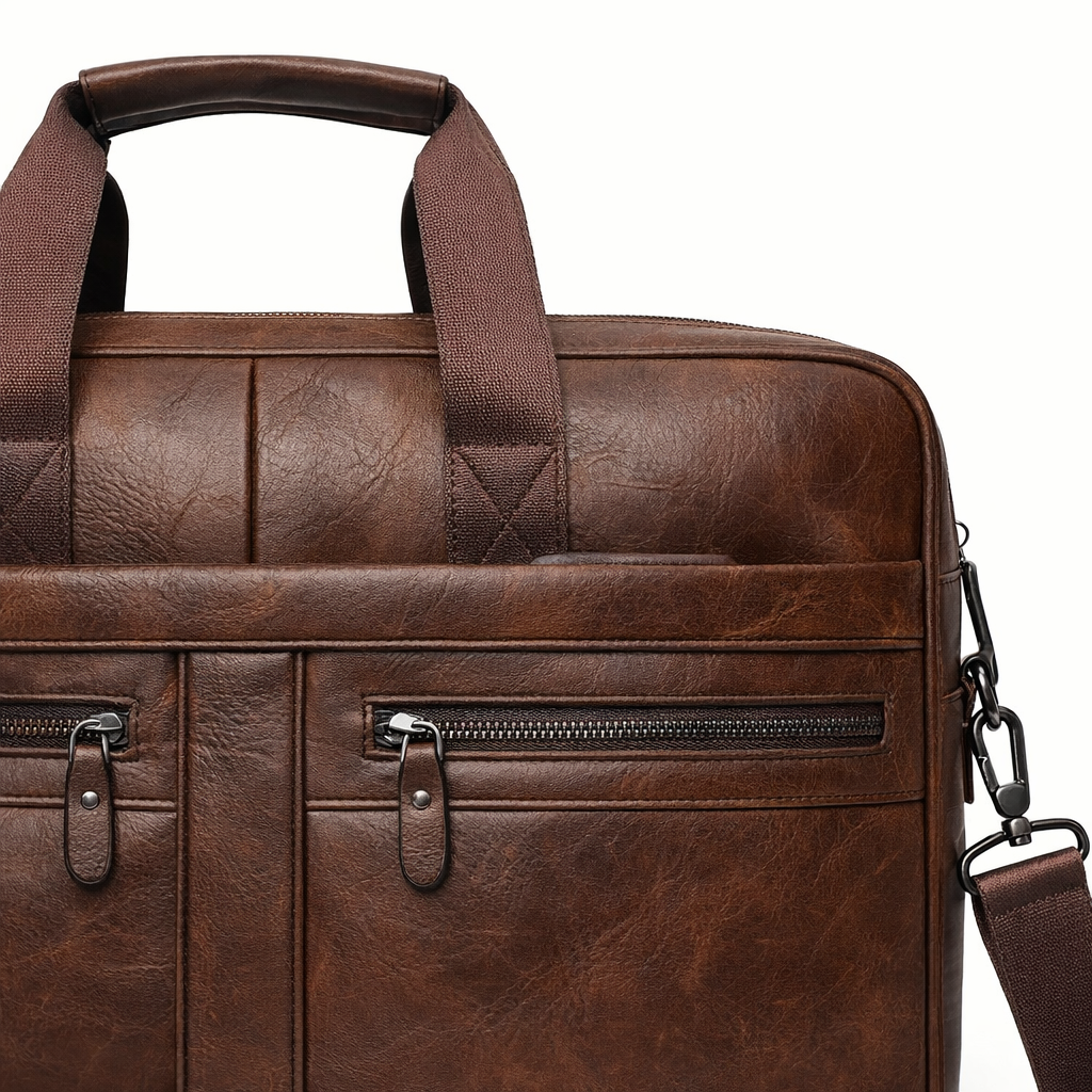 LUMG Faux Leather Multi-Zip Business Briefcase | 14-Inch Laptop Bag | Large Capacity Commute Tote | Gift for Men