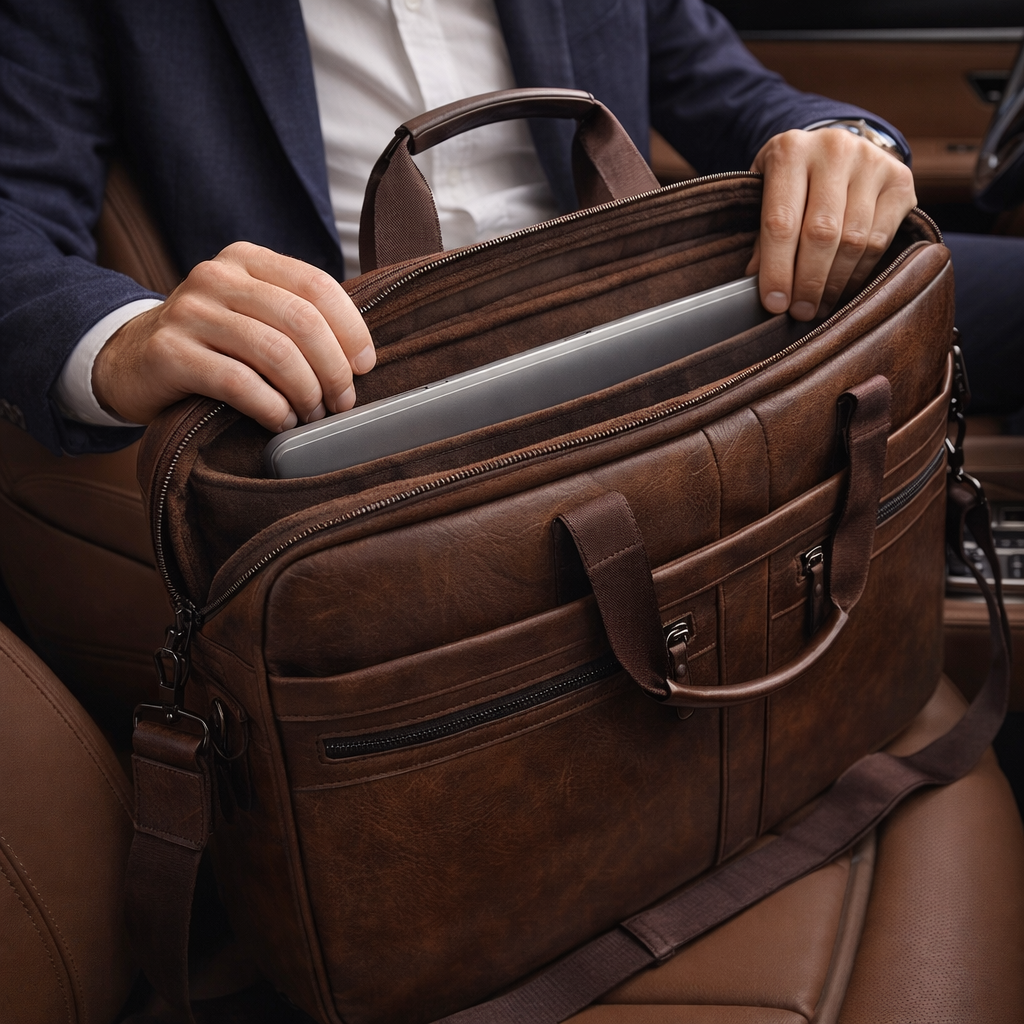 LUMG Faux Leather Multi-Zip Business Briefcase | 14-Inch Laptop Bag | Large Capacity Commute Tote | Gift for Men
