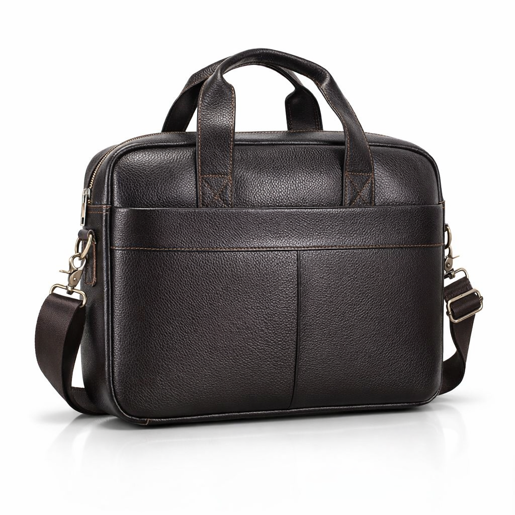 Men's Top-Grain Leather Business Bag | 15-Inch Laptop Shoulder Bag | Black Travel Bag with Adjustable Strap