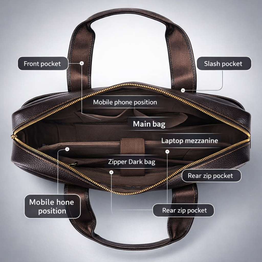 Men's Top-Grain Leather Business Bag | 15-Inch Laptop Shoulder Bag | Black Travel Bag with Adjustable Strap