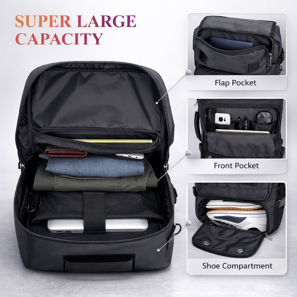 Men's Tactical Backpack | Multifunctional Outdoor Gear | 16-Inch Laptop Slot | Travel & Hiking Bag | Solid Black