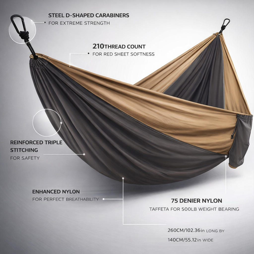 Black/Brown Hammock | Anti-Tip Design | Large Straps | Portable Bag Included | Heavy Duty for Outdoor Camping & Travel