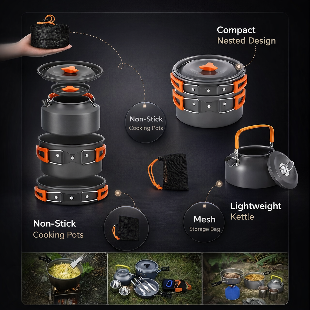 Compact Aluminum 3pc Camping Cookware Set | Lightweight Pot Pan Kettle for Hiking & Picnic | Outdoor Gear with Quick Storage