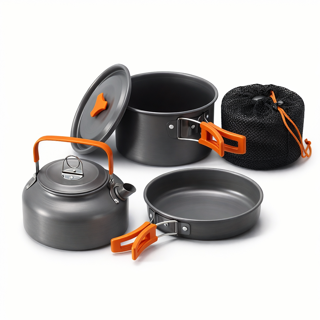 Compact Aluminum 3pc Camping Cookware Set | Lightweight Pot Pan Kettle for Hiking & Picnic | Outdoor Gear with Quick Storage